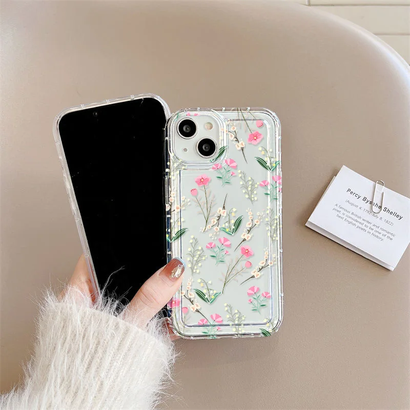 Clear Phone Cases For iPhone 13 Case iPhone 15 16 Pro Max 12 11 14 XR X Xs Max 7 8 Plus SE 2022 2020 Pink Flower Soft TPU Cover