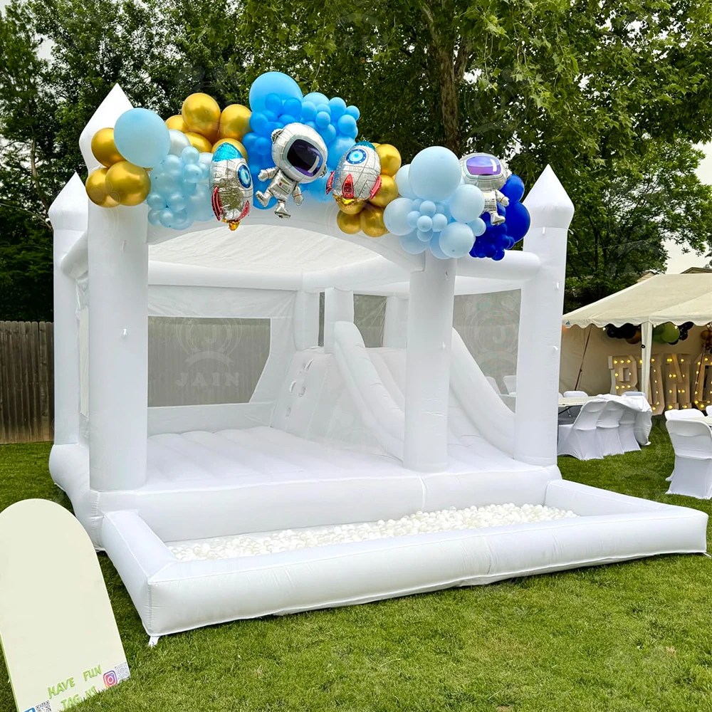 Castillo Hinchable Blanco Gigante De 4x4 Metros Con Soplador – Casa De Rebote Con Trampolín Para Fiestas Infantiles, Bodas Y Eventos – Incluye Accesorios Y Bolsa De Globos