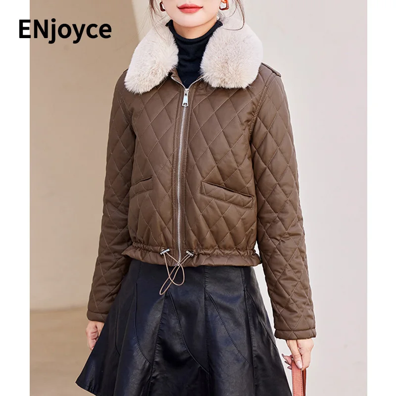 

Women's Winter Thick Coats Casual Pocket Short Zipper Biker Inner Fleece Faux Leather Fur Stitching Jacket Woman