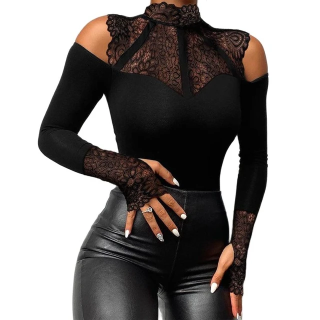 Women Sexy Black Lace Bodysuits Rompers Long Sleeve Could Shoulder Bodysuit  Tops - AliExpress