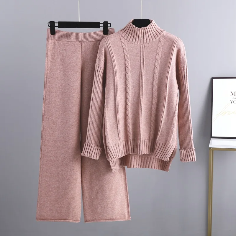 

Women's Knitted Suit Soft Turtleneck Long Sleeve Sweater Wide Leg Pants Commuter 2 Pieces Sets Autumn Winter Homewear