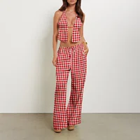 Pantalon à rayures et dos nu pour femme, tenue d'été à la mode, col licou, pantalon à jambes larges, ensemble de vêtements 2 pièces 5