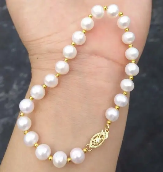 

7.5-8inch Charming Natural AAAA Akoya White Pearl Bracelet 14k Gold