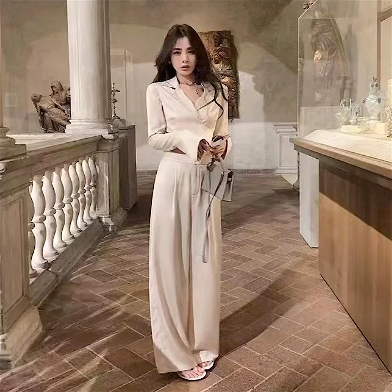 

Insozkdg Autumn Vintage Satin Short Blazer Women Suit Wide Leg Pants Sets Solid High Waist Strap Blazer Long Pants Two-Piece Set