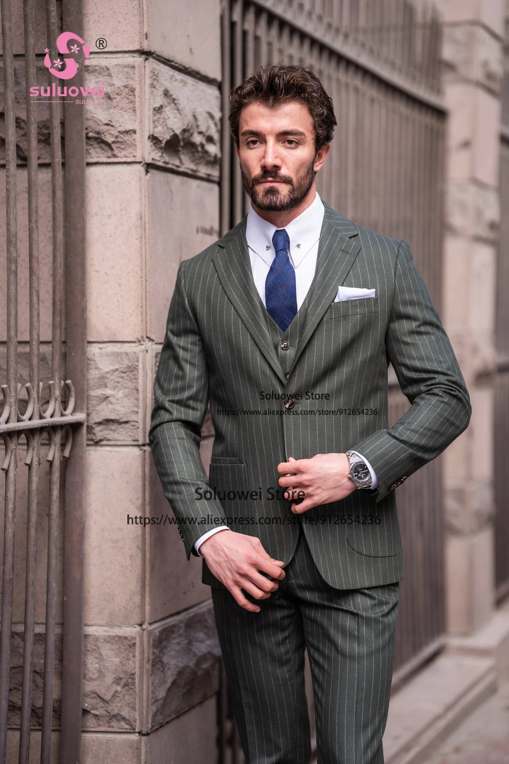 Fashion Green Striped Suits For Men Slim Fit Bsuiness 3 Piece Pants Set Groom Wedding Party Prom Tuxedo Terno Masculino Completo