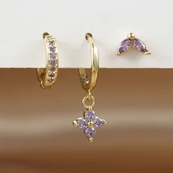 Elegant Green Zircon Flower Dangle Earrings Set - Luxury Stainless Steel 3-Piece Collection (Gold-purple-3pcs)