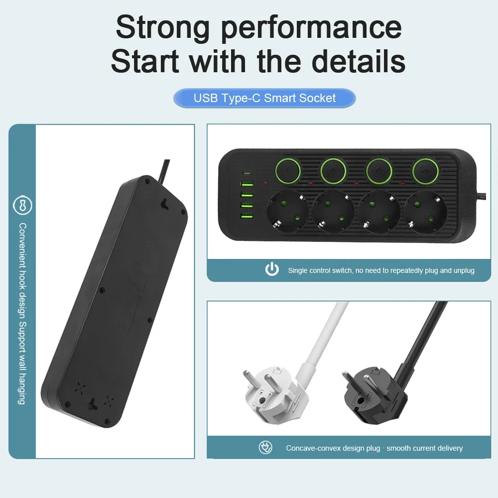 European Standard Power Strip with USB Ports and Network Filter, Individual Switch, EU Plug