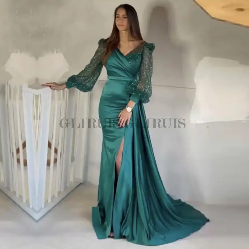 

Eightale Evening Dress for Wedding Party V Neck Beaded Glitter Long Puffy Sleeves Mermaid Prom Gown Satin Formal Celebrity Gown