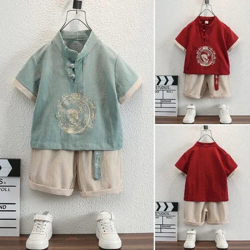 Chinese Style Boys Tang Suit Top Shorts Suit Summer Cotton Linen Thin Children's Hanfu Shaolin Uniform Chinese Shopping Online