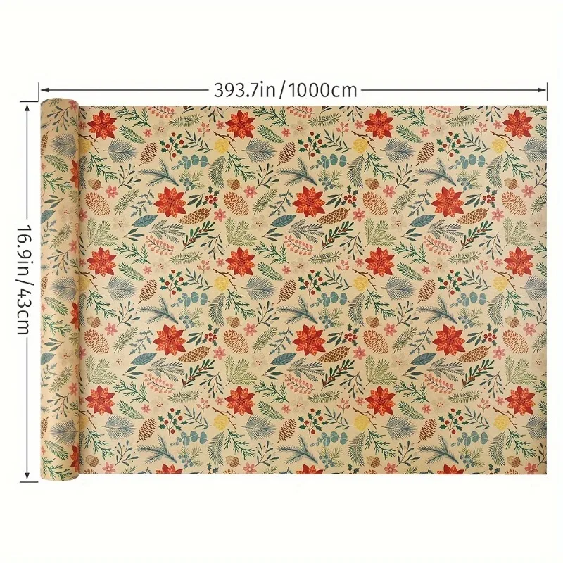 1Roll Christmas Gift Wrapping Paper with Floral and Leaf Designs, Tree and Reindeer Theme, and Christmas Decorative Window Paper
