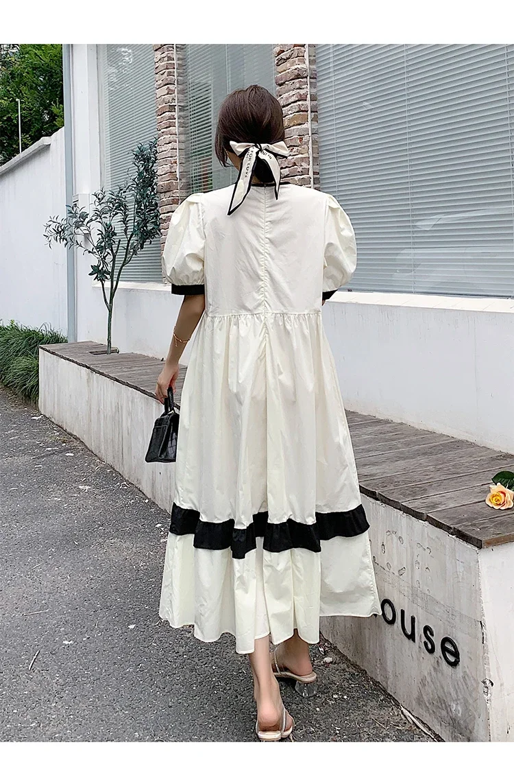 한국 스타일 임산부 빈티지 원피스 반팔 스퀘어 칼라 블록, 컬러 패치워크 임산부 코튼 린넨 원피스, 루즈