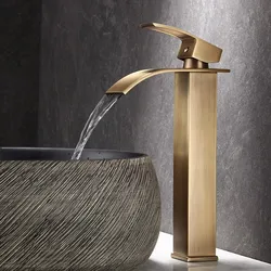 Antique Bronze Brass Waterfall Bathroom Sink Faucet with Hot & Cold Mixer (Tall A)