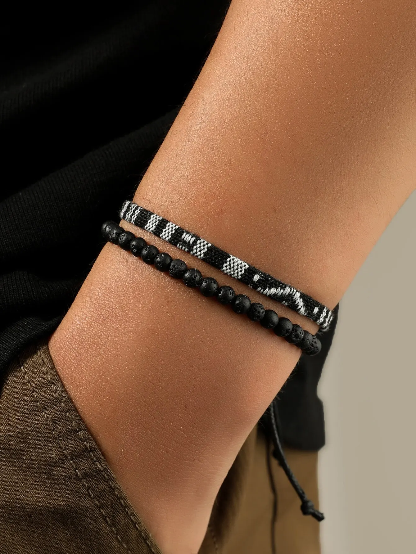 Stone Bracelet Tiger Eye Stone Or Volcanic Stone Hand-Woven Elastic Adjustable 2PCS