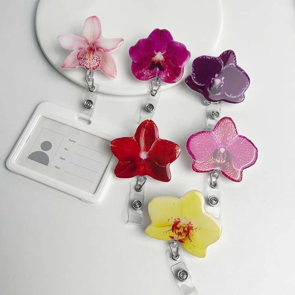 아크릴 수지 홀더 클립 난초 꽃 모양 내구성 있는 접이식 배지 홀더 접이식 디자인 ID 배지 릴 작업증