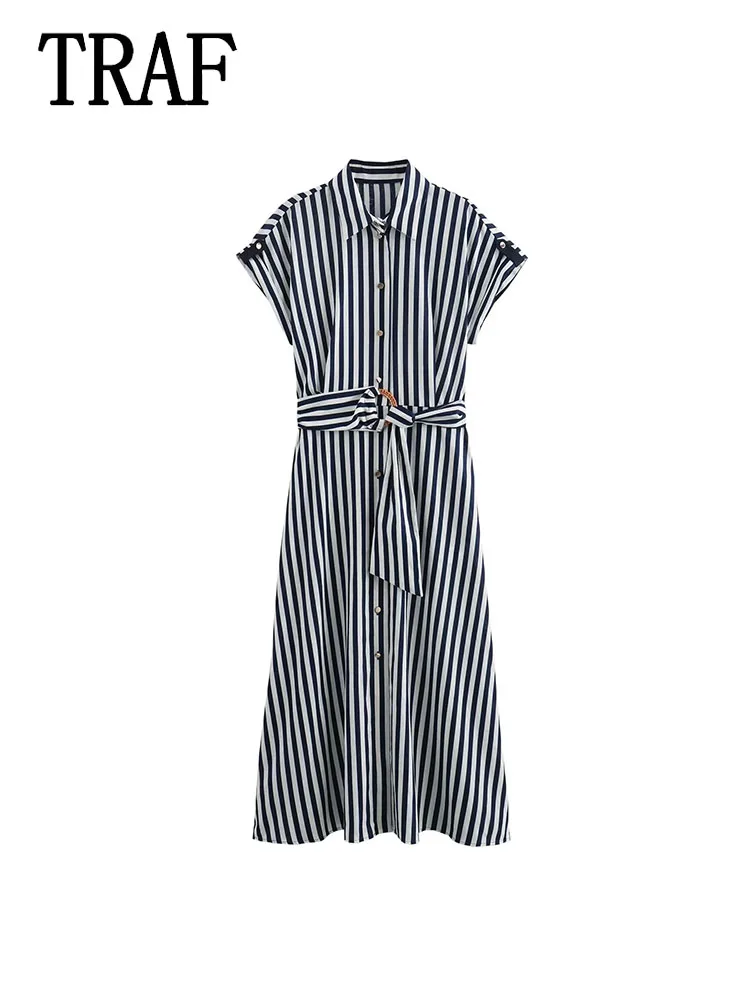 

TRAF Women Striped Shirt Dress New Women Turn up Sleeve Beach Dress Women Belt Pleated Midi Dresses