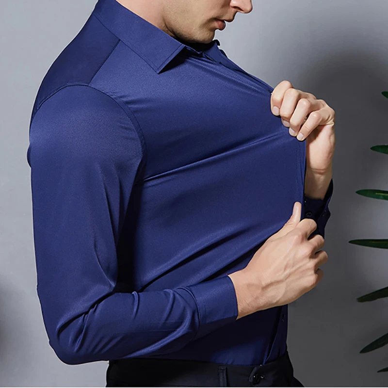Dress Shirts Stretch Anti-Wrinkle Mens Long Sleeve Business Formal Solid Color Slight Slasticity Non-iron