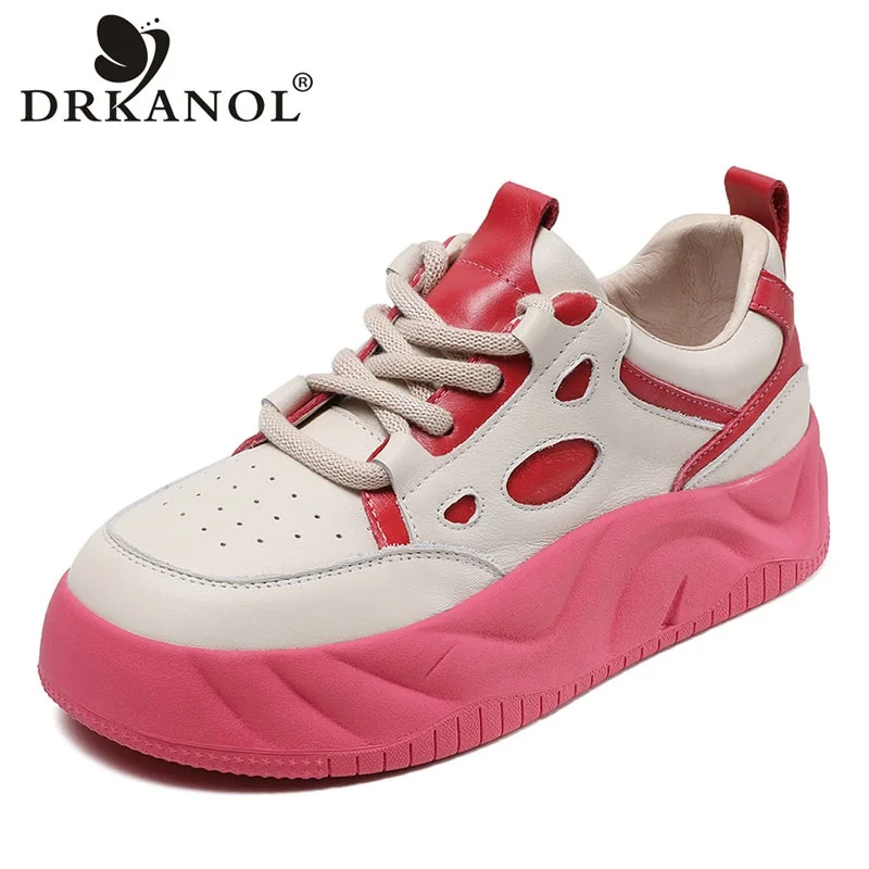 

DRKANOL 2024 Genuine Leather Casual Sneakers Women Thick Bottom Shoes Mixed Colors Comfort Lace-Up Versatile Board Shoes H24A701