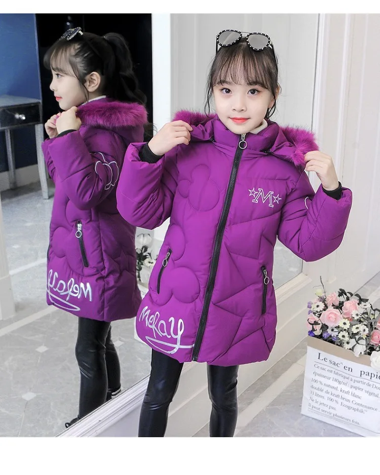 Girls Winter Jacket - Heavyweight Long Style Coat With Detachable Velvet Hood
