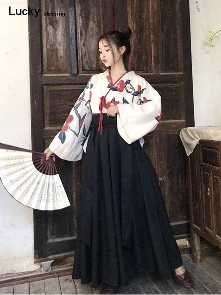 Japanese Style Floral Print Dress Long Kimono Skirt Kawaii Clothing Girls Party Robe Set Vintage Costume Asian Cosplay Women New