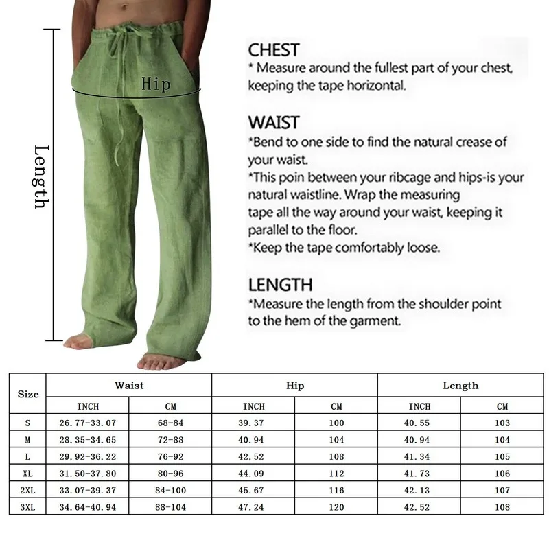 Men'S Summer Casual Pants Daily Wear Solid Full Length Soft Linen Pants Mid Waist Pocket Drawstring Trousers Streetwear_viptrois.com