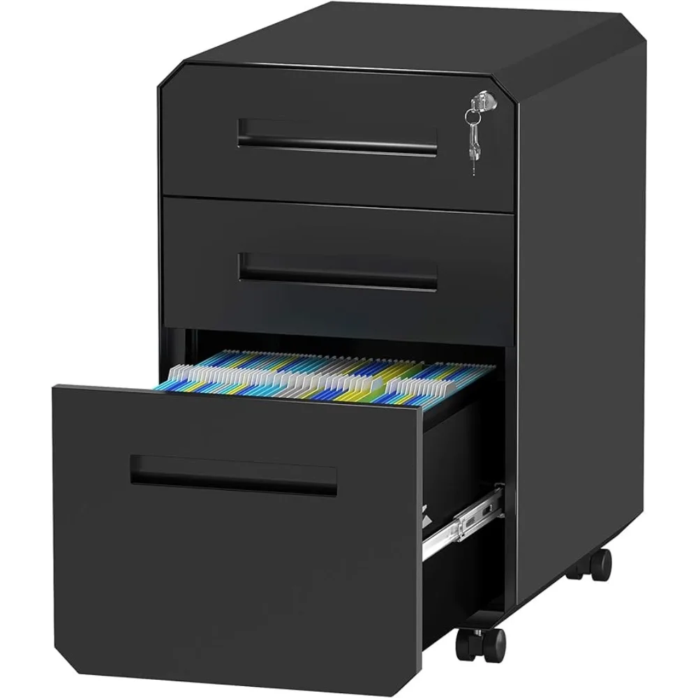 Office Cupboard Pre-Built Office Storage Cabinet (Black) Narrow and High Chest of Drawers With Wheels File Cabinets Filing Lock
