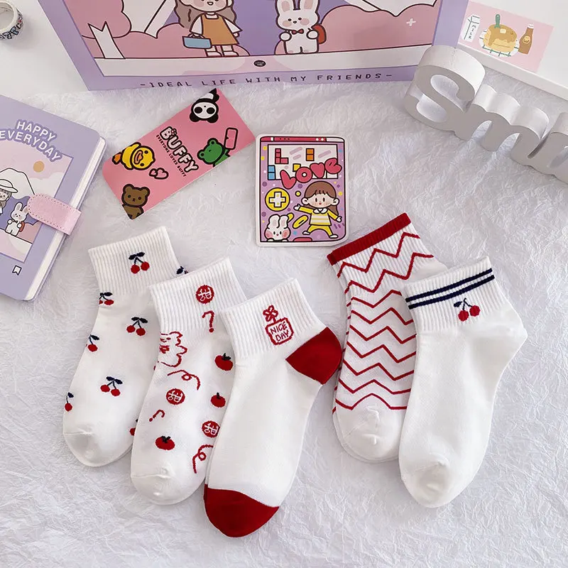 

Cotton Elegant Funny Cartoon Animals Fruits Strawberry Women Short Socks White Red Students Girls Low Cut Ankle Sox Spring Autum