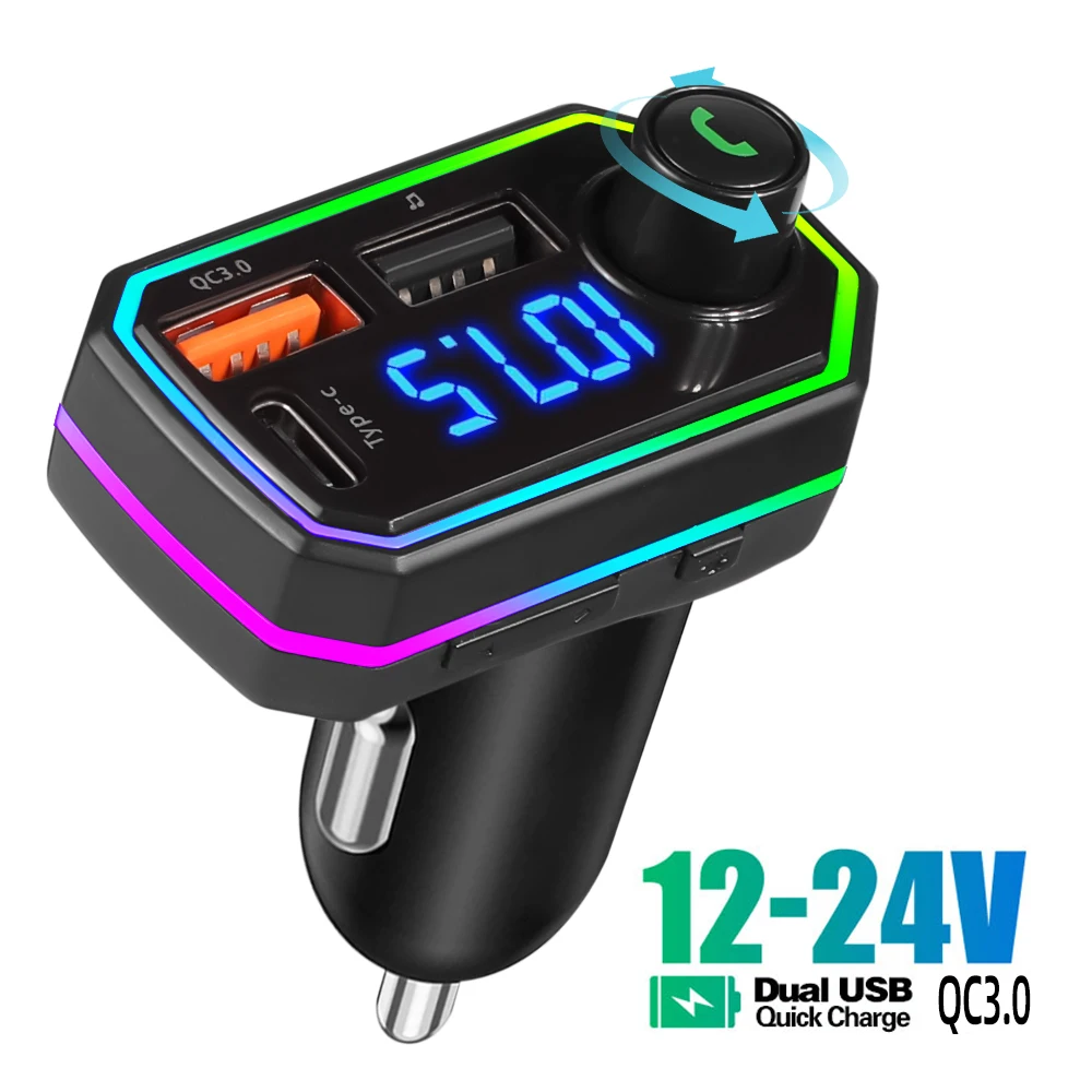 Transmetteur FM Bluetooth Voiture FASR FS-T2 - 5 Ports USB/Type-C, Charge Rapide, Appels Mains Libres, LED 7 Couleurs