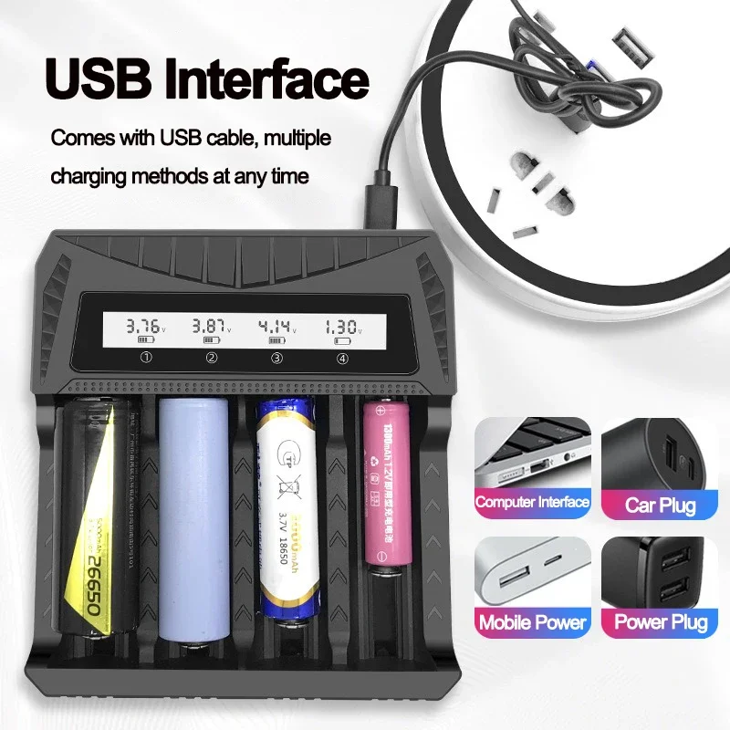 Chargeur batterie drone intelligent 4 slots avec une batterie violette en cours de charge, indicateur lumineux allumé.