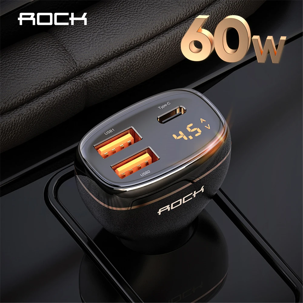 

ROCK 60W 3 Port Car Charger Digital Display QC4.0 QC3.0 Type C PD 33W Fast Car Charging Charger For iPhone 14Pro Max Samsung S23