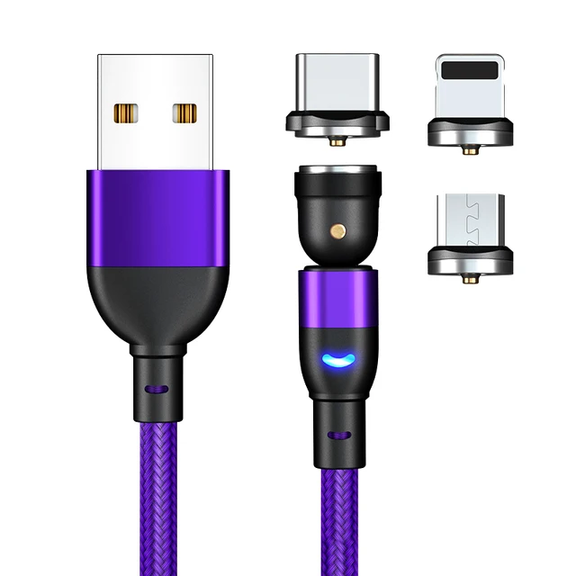 ZUIDID 540 Rotate Magnetic Cable Fast Charging Magnet Charger Micro USB Type C Cable Mobile Phone Wire Cord For iPhone Xiaomi Purple 3 in 1