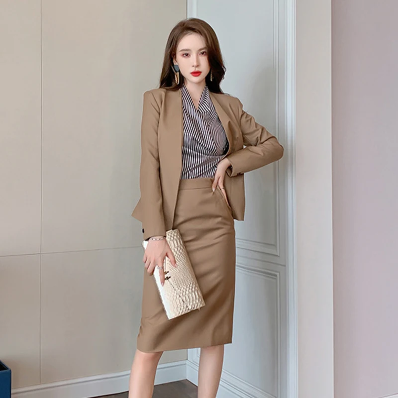 Temperament Simple Elegant 2 Piece Sets Women Khaki V-neck Open Stitch coat Split Midi Skirt Work Style Office Forma Lady Suits |