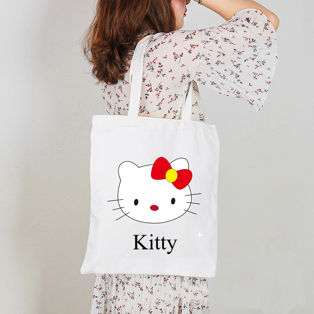 Hellon Kitty Women Cartoon Shopping Bag Female Canvas Shoulder Bag Environmental Storage Handbag Reusable Foldable Grocery Totes