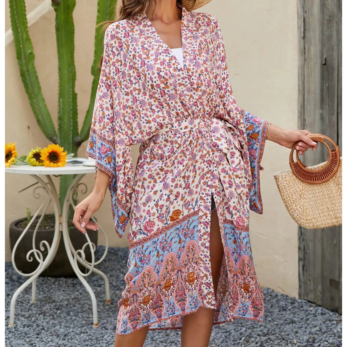 

TEELYNN Boho Floral Print Loose Dresses for Women Casual V-neck Sashes Kimono Dress Summer 2022 Party Robe Beach Cover-ups