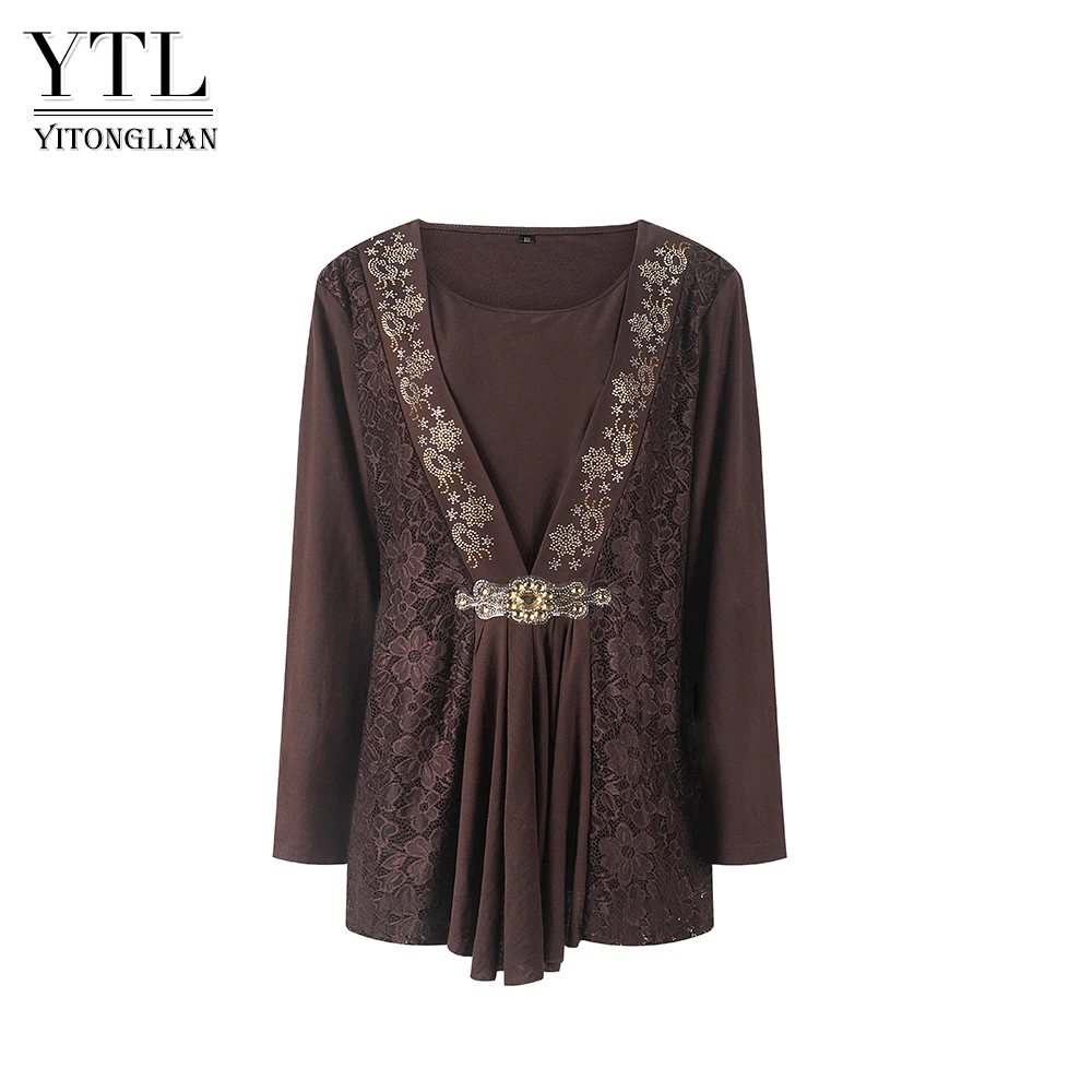 

Yitonglian Ladies Vintage Bronze Luxry Lace Womens Shirts Plus Size 6XL 7XL 8XL Long Sleeve Autumn Casual Tunic Tops W132