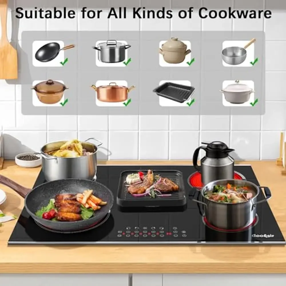30" 5 Burner Built-in Electric Stove Top Glass Cooktop 8400W Power Safety Lock Timer Indicator Compatible with Various Pots Easy 5