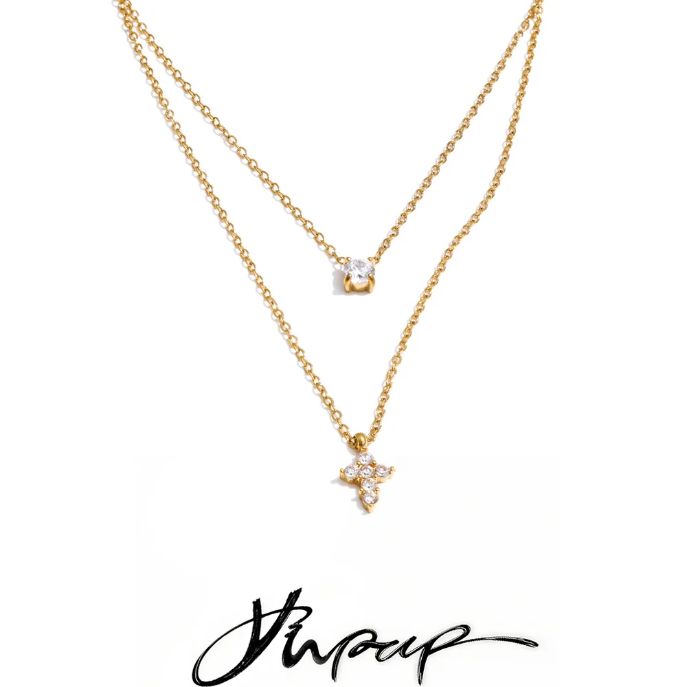 Yhpup Double-Layer Chain Zirconia Cross Pendant Necklace Stainless Steel