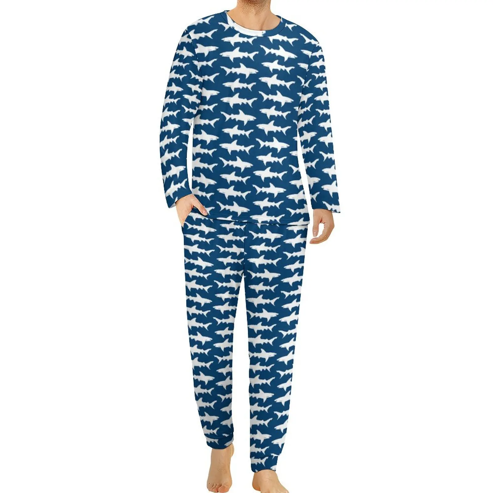 thumbnail image 1 of Pijama de tiburón divertido, conjunto de pijama de 2 piezas con estampado de vida marina de manga larga para hombre, ropa de dormir romántica de gran tamaño con gráficos de otoño, 1 of 5