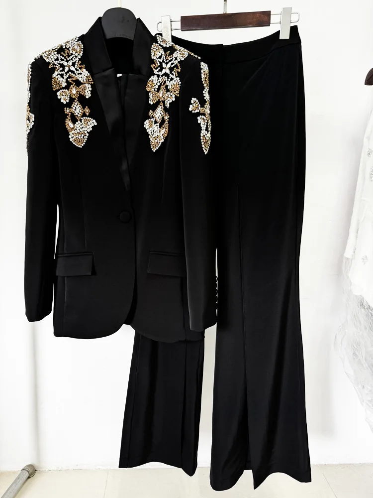 HIGH STREET Newest 2024 Designer Suit Women Beaded Diamonds Stand Collar Single Button Blazer Wide-leg Pants Set 2PCS 2