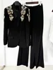 HIGH STREET Newest 2024 Designer Suit Women Beaded Diamonds Stand Collar Single Button Blazer Wide-leg Pants Set 2PCS 2