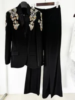 HIGH STREET Newest 2024 Designer Suit Women Beaded Diamonds Stand Collar Single Button Blazer Wide-leg Pants Set 2PCS 2