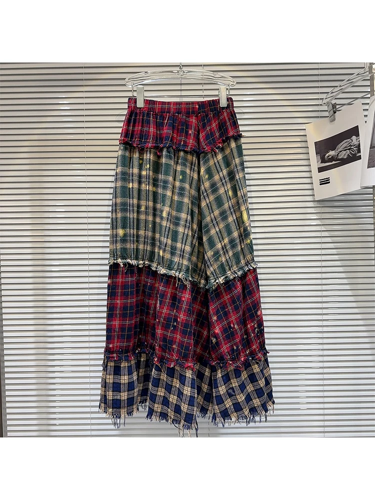 

Summer Women Plaid 90s Vintage Patchwork A-line Elastic Waist Midi Skirt Y2k Fashion Aesthetic Cottage Core Chic Harajuku 2000s