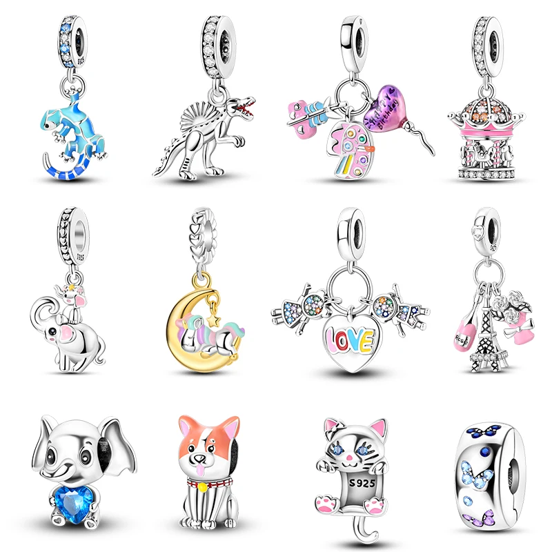 100% 925 Sterling Silver Cute Corgi Cat Gecko Balloon Carousel Charms Beads Fit Pandora Bracciali Originali Gioielli Di Compleanno Fai Da Te
