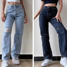 

Streetwear Vintage Jeans Women Jeans Spring Summer Mid Waist Loose Wide Leg Pants Jeans Ripped Denim Straight-Leg Pants Trousers