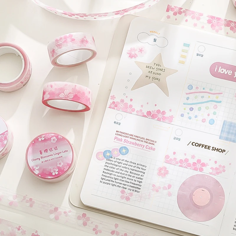 Mr.Paper 4롤 스프링 벚꽃 시리즈 글리터 PET 와시 테이프 핑크 사쿠라 장식 저널 스크랩북 DIY 다이어리 캘린더