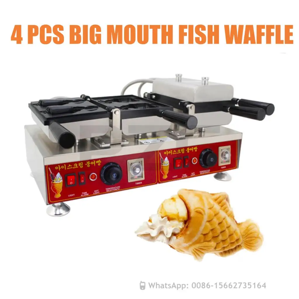 

Hot Snack Machine Commercial Small Fish Shape Cake Ice Cream Cone Waffle Maker Digital 4PCS Open Mouth Taiyaki Waffle Maker