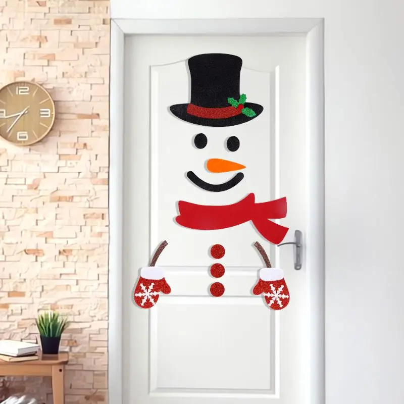 Christmas Door Window Stickers Felt Cloth Cartoon Snowman Santa Claus Elk Wall Sticker For Winter Xmas New Year Decoration Decal