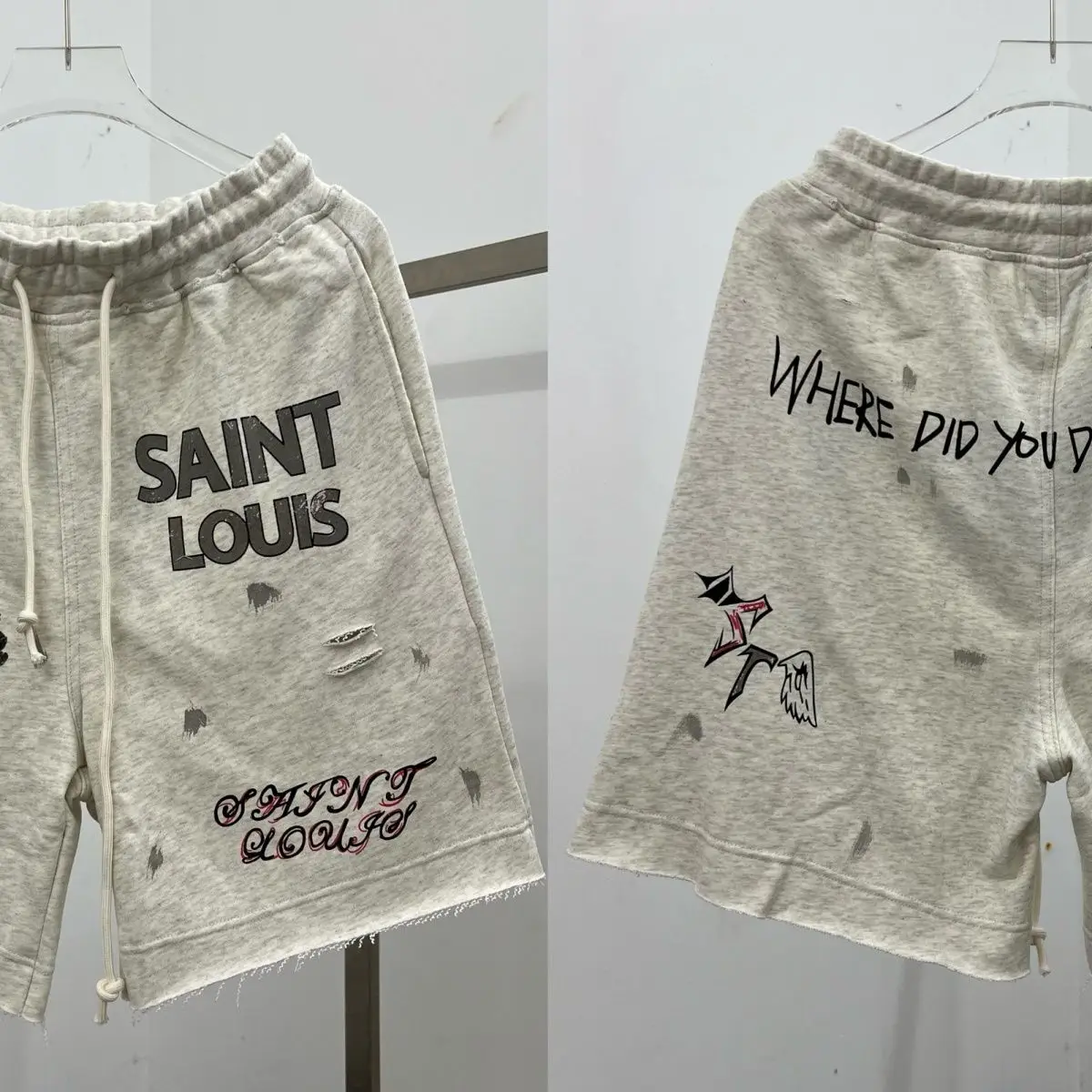 2024FW Summer SAINT LOUIS Washed, Worn Out, Spicy Ink Graffiti, Water Diamond Shorts, Men's and Women's Curled Casual Shorts