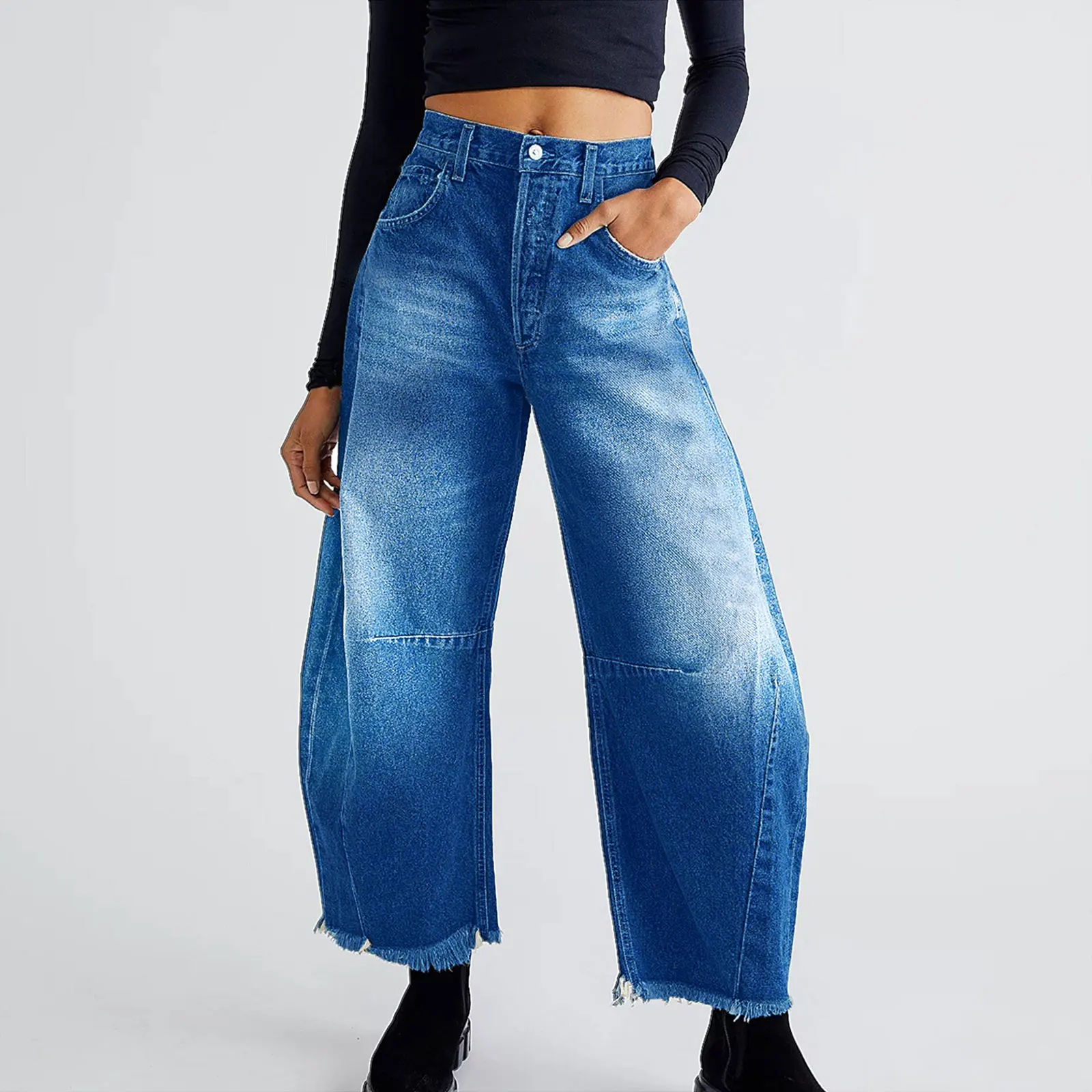 

Women’s Fashion Baggy Wide Leg Long Jeans Button Barrel Boyfriend Cropped Hem Denim Pants Jean For Women High Waist Trousers
