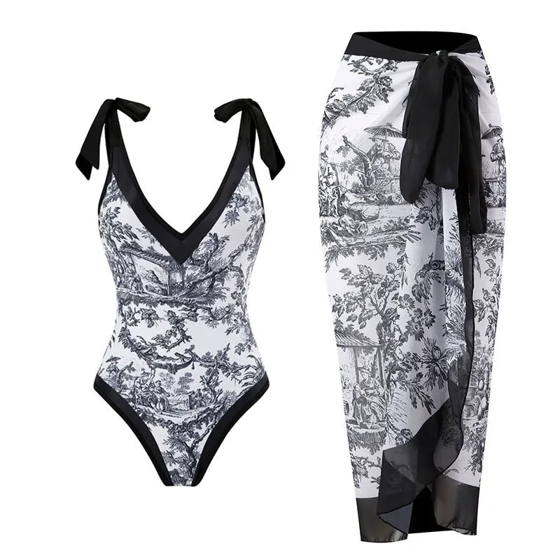 

2023 New Holiday Retro One Piece Swimsuit and Skirt Womem Bowknot Swimwear Luxury Beach Dress Brazilian Bathing Suit Summer