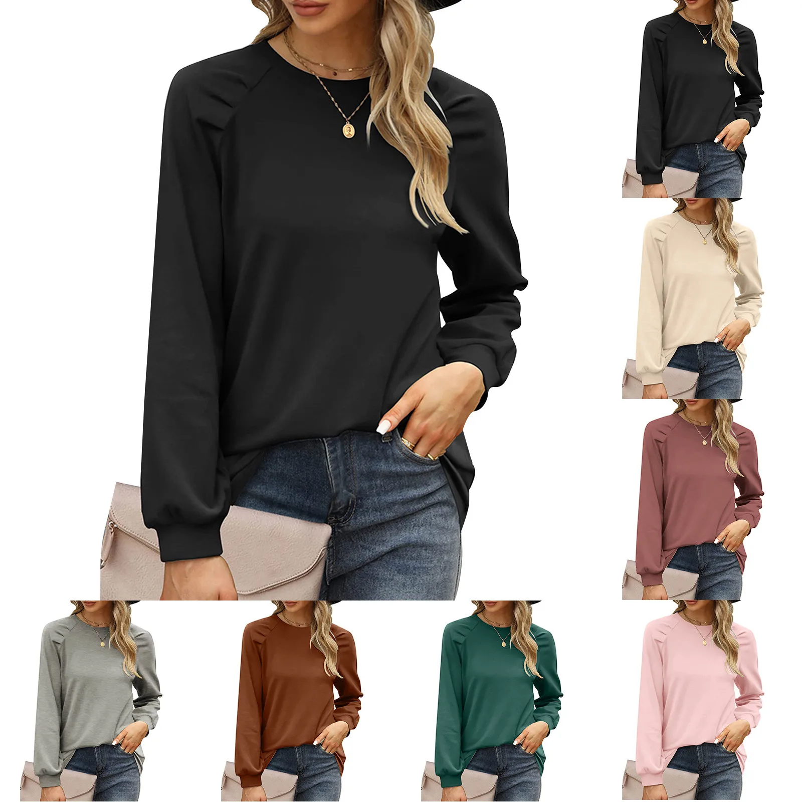 

Women Long Sleeve Puff Sleeve Round Neck Pullover Top Solid Color Loose Casual Sweater Full